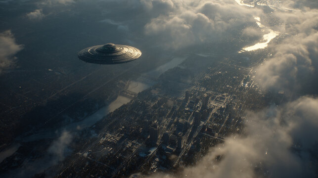 UFO flying over a town