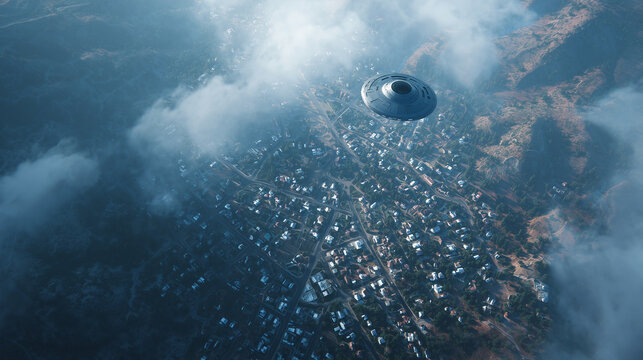 UFO flying over a town
