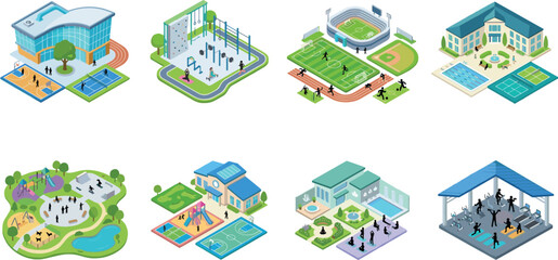 Isometric Sports and Recreation Facility Collection with Stadiums Parks and Fitness Centers © It's Marja