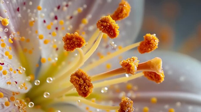 Close-up of a flower with stamens and pollen grains on its delicate petals and stamen.