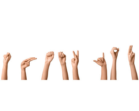 Sign language alphabet gestures spelling word on transparent background for non-profit inclusivity campaigns, deaf community awareness programs, educational sign language school materials, and diverse