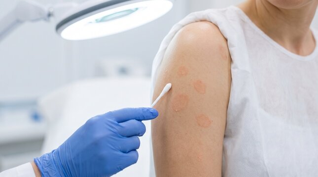 Dermatologist examining oval pink scaly patches on a patient's upper arm with a cotton swab during clinical skin assessment