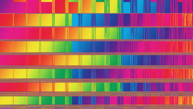 Vibrant rainbow glitch grid background with colorful geometric pixel pattern for trendy poster design