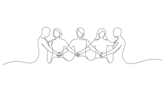 Continuous line drawing of diverse people holding hands in circle, unity, connection, teamwork, community