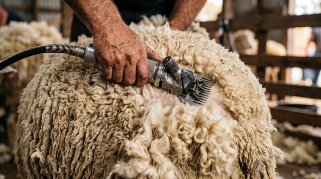 Close up of electric shears trimming dense wool on sheep with farmer hands in busy shearing shed, highlighting wool processing, tool operation and animal husbandry in rural farm setting
