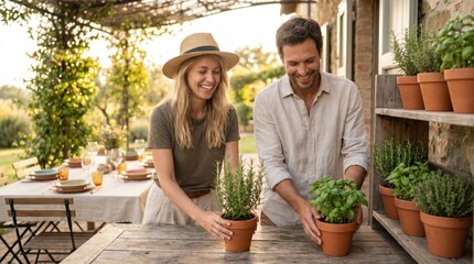 Couple Arranging Potted Herbs for Summer Bank Holiday
