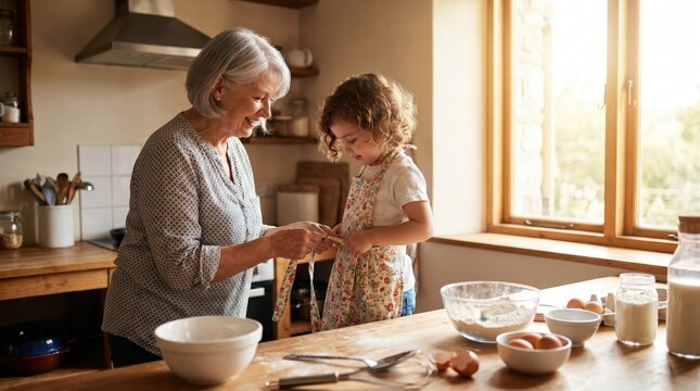 Grandmother Helps Child Bake for Senior Citizen Day
