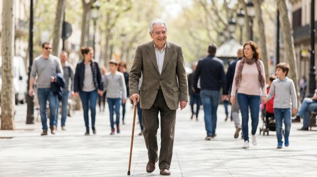 Senior Man Walking with Cane on Senior Citizen Day