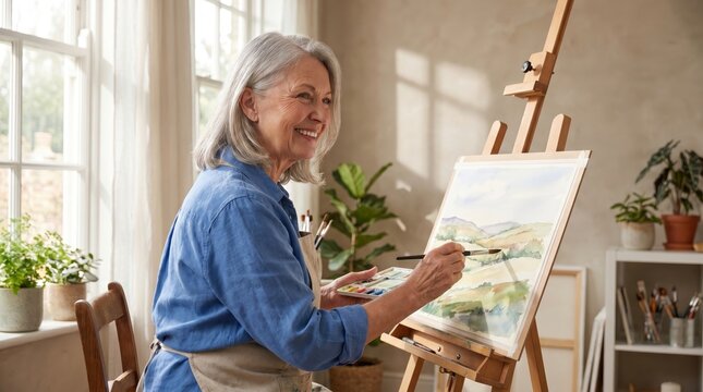 Senior Woman Joyfully Painting Landscape Artwork for Senior Citizen Day