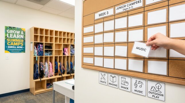 Summer Childcare, Camps & Activity Schedules displayed on corkboard