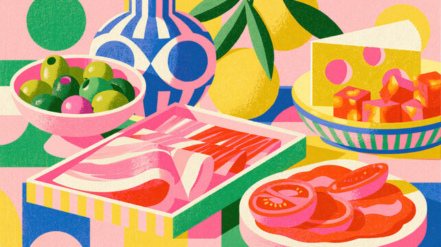 editorial tapas small plates with olives ham cheese geometric composition