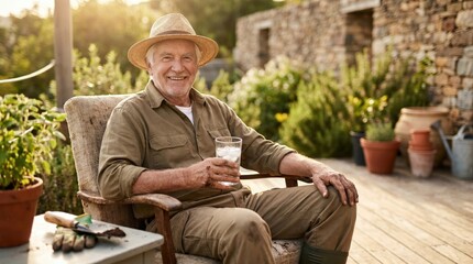 Fototapeta premium Happy Senior Man Relaxing Outdoors with Drink for Senior Citizen Day