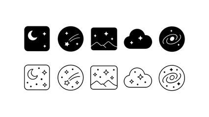 Night Sky and Celestial Icon Set in Silhouette and Outline Style © Sutrisno