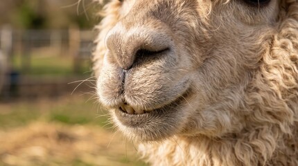 Fototapeta premium Close up of alpaca muzzle and mouth showing textured woolly fur and teeth in straw covered farm setting, detailed shallow depth of field and natural warm tones
