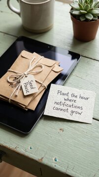 Tablet and Kraft Envelopes with 'Seed Pause' Tag Promoting Digital Detox