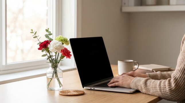 Vibrant Home Office Setup with Flowers and Laptop for India's Independence Day Celebration
