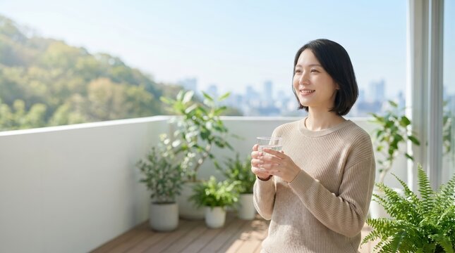 Woman Drinks Water on Balcony, World Lungs Day