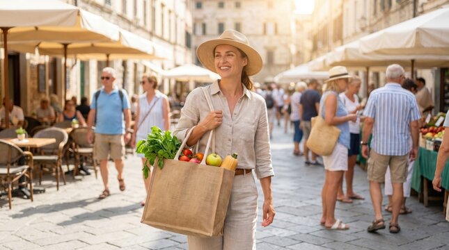 Woman with Groceries in Reusable Bag on Summer Bank Holiday