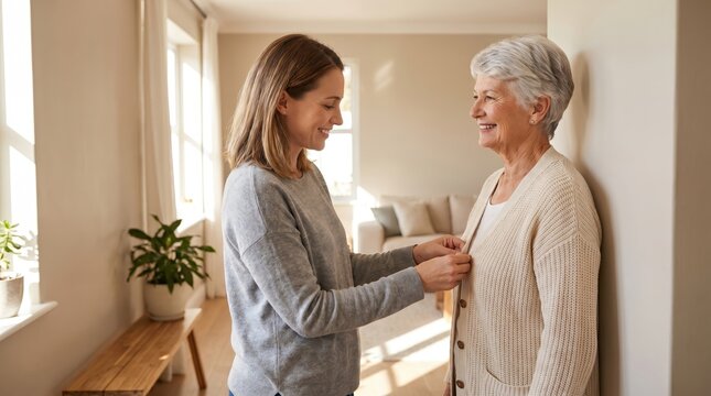 Caregiver Helps Senior Citizen with Clothes on Senior Citizen Day