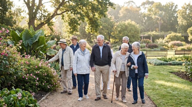 Seniors enjoying a walk in the park on Senior Citizen Day