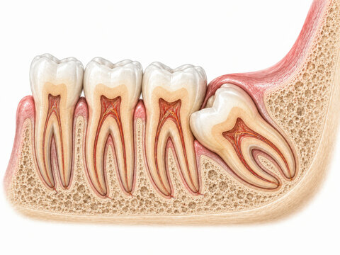 Anatomical cross-section illustration of an impacted wisdom tooth in the lower jawbone, created with Generative AI Technology, ai, generative