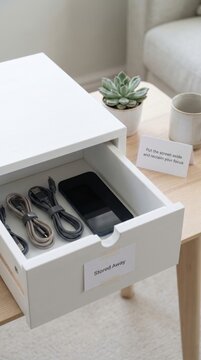 Smartphone and charging cables stored away in a drawer for Digital Detox