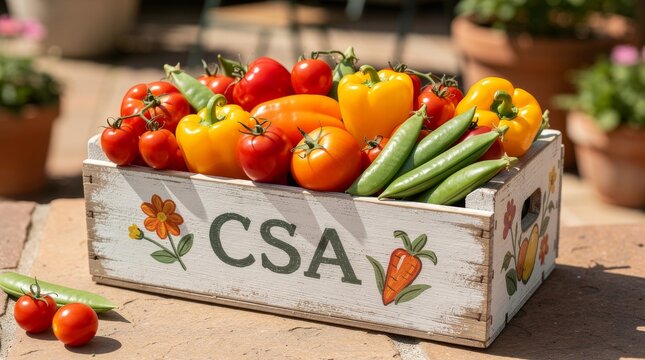 Fresh Vegetables in a Wooden CSA Crate Overflowing with Harvest