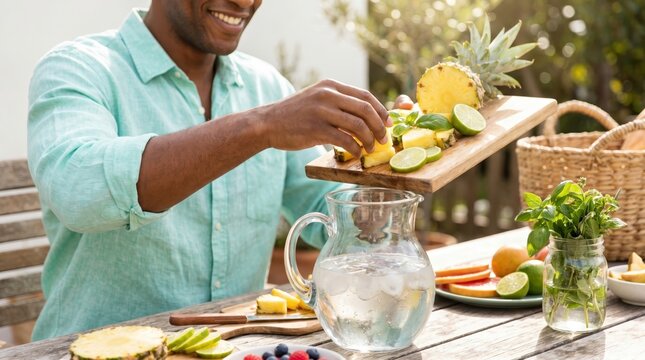 Caribbean Man Prepares Tropical Fruit Drinks for International Self Care Day