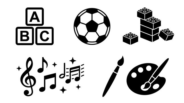 Educational toy and creativity icons with blocks and art palette.