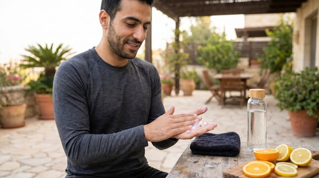 Middle Eastern Man Applying Lotion for International Self Care Day