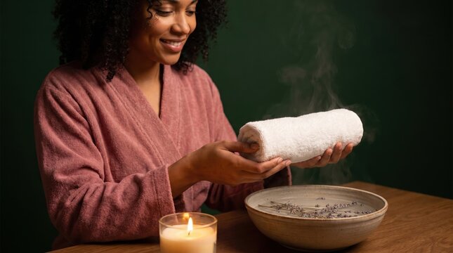 Woman Prepares for Self Care Day with Warm Steam and Candle