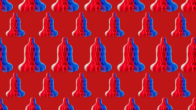 Repeating Chilean bellflower or Copihue paper creating a patriotic festive pattern on red background