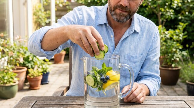 Man Prepares Refreshing Cucumber Drink for International Self Care Day