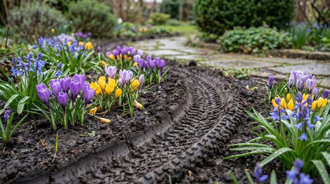 Wheelchair Tire Trail Through Spring Crocus Garden