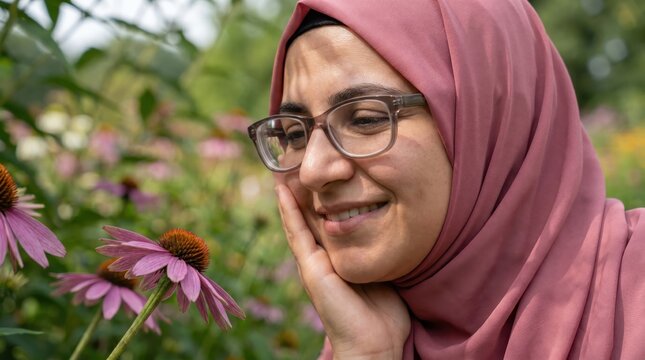 Woman in Hijab and Glasses Smells Flower, Disability Pride Month