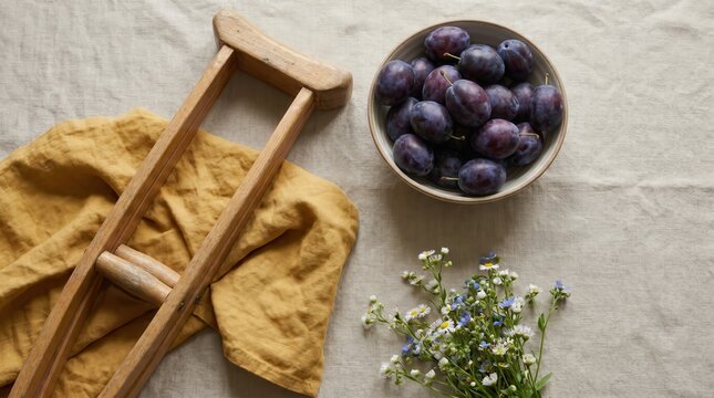 Wooden Crutches Beside Plums and Flowers for Disability Pride Month