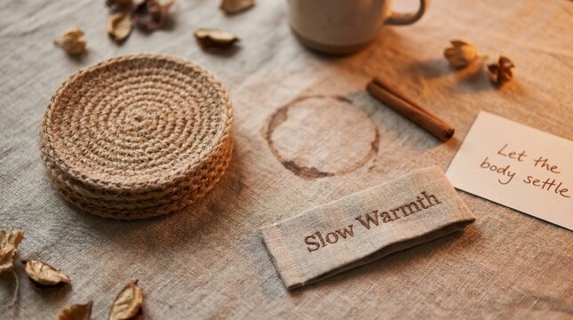 Woven Coaster with "Slow Warmth" Label for International Self Care Day