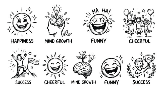 Hand Drawn Doodle Set Featuring Cheerful Emotional Concepts and Motivational Success Illustrations for Creative Design Projects