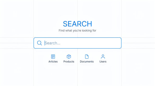 Search bar with categories for articles products documents and users