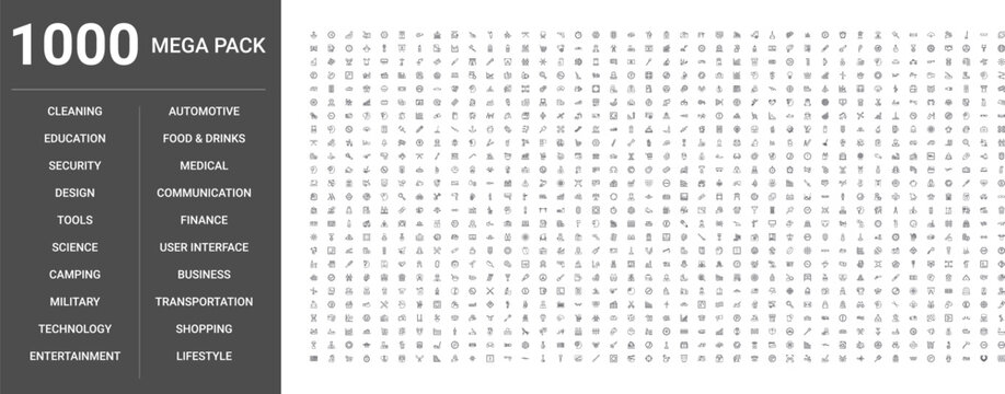 Big set of 1000 thin line web icons such as Business, Shopping, Food,drinks, Transportation, Tools, User interface, Technology, Design, Medical, Education, Military, Entertainment, Cleaning