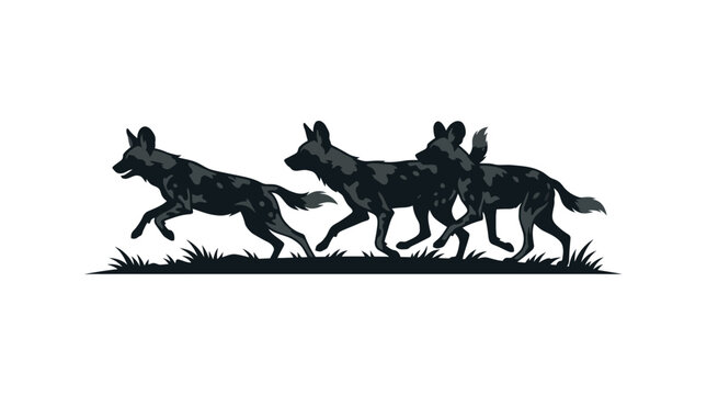 African Wild Dog Pack Running on Grass Silhouette Vector Illustration