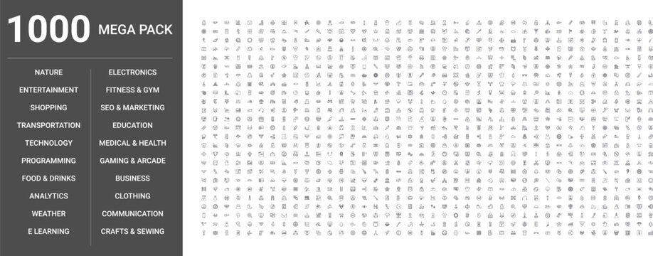 Big set of 1000 thin line web icons such as Nature, Technology, Entertainment, Education, Business, Weather, Clothing, Fitness,gym, Analytics, Programming, Seo,marketing, Electronics, Gaming,