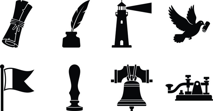 Minimalist solid black silhouette icon set featuring historical communication methods vintage correspondence and antique messaging systems