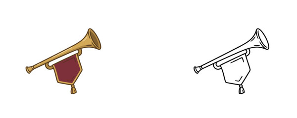 Herald trumpet cartoons in flat color and black line styles decorated with a plain hanging banner used for royal announcements or medieval themed designs © Dzianis