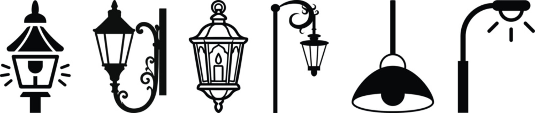 Vintage lamp lantern icon set collection group in black flat and line style illumination featuring light, lamp, lantern and lighting synonym elements for outdoor, street, decorative and design use