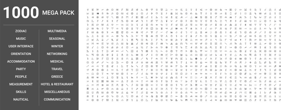 Big set of 1000 thin line web icons such as Hotel,restaurant, Medical, User interface, Music, Multimedia, People, Party, Winter, Nautical, Zodiac, Networking, Accommodation, Measurement, Greece