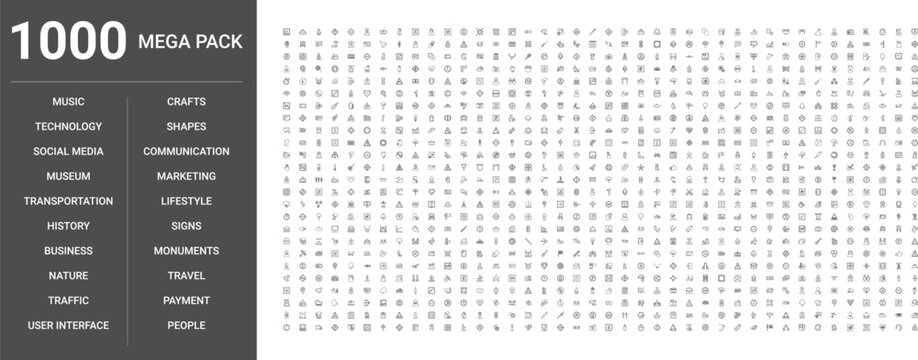 Big set of 1000 thin line web icons such as User interface, Business, Technology, Social media, Travel, People, Payment, Music, Nature, Transportation, Signs, Shapes, Monuments, Marketing, Traffic
