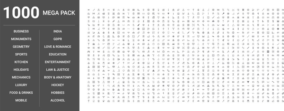 Big set of 1000 thin line web icons such as Holidays, Entertainment, Education, Love,romance, Food,drinks, Business, Sports, Kitchen, Hobbies, Mobile, Luxury, Law,justice, Body,anatomy