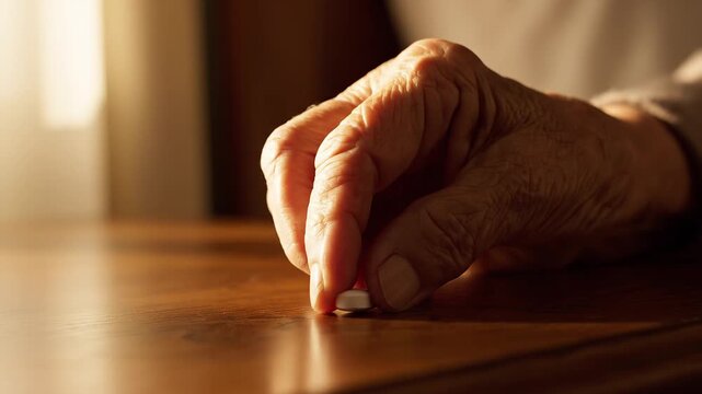 Close up of an elderly senior hand picking up a white medicine pill from a wooden table in a warm cozy bedroom during morning time at home