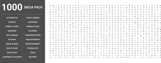 Big set of 1000 thin line web icons such as Food,drinks, Transportation, Business, Technology, Healthcare, Shopping, Education, Entertainment, Home,living, Tools, Military, Science, Art,design © Digital Bazaar